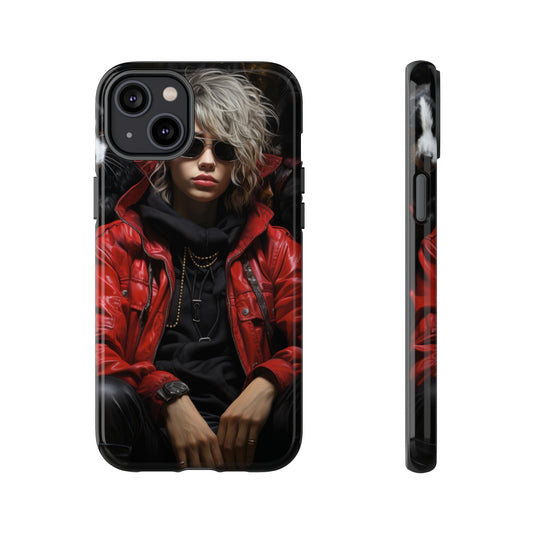 Red Rebel Realm: Woman in Leather Jacket with Fantasy Dogs Phone Case for iPhone, Samsung, Pixel